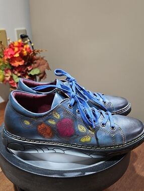 Blue Teal Leather Floral Lace-Up Women's Sneakers